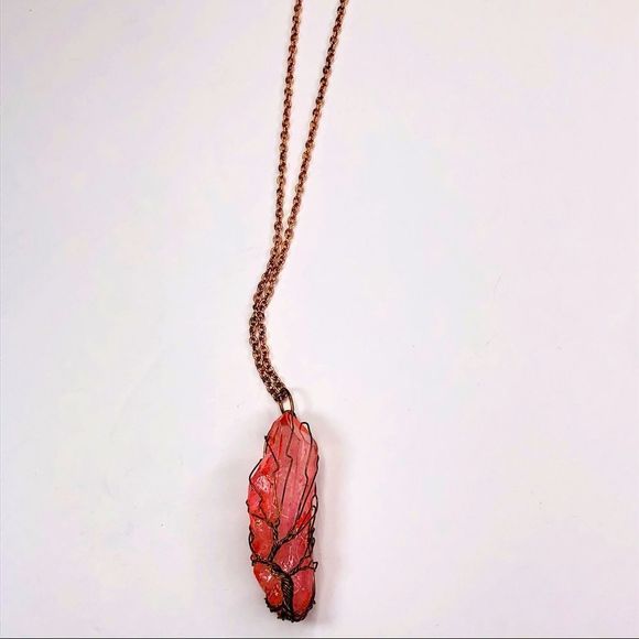 Tree of Life Wire-Wrapped Quartz Crystal Necklace, Rose Pink - Picture 5 of 10